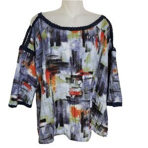 Cubism Womens Top Small Cold Shoulder 3/4 Sleeve Brushstroked Lace Trim Blue